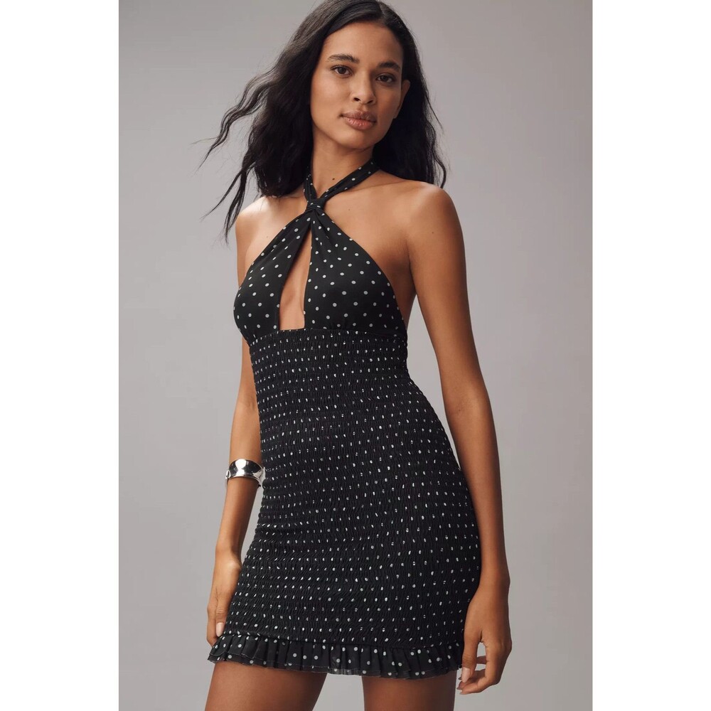 AFRM Follow Your Heart Amherst Dress Medium Black Polka Dot Halter Smocked Mini
